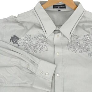 Eddie‎ Domani Mens Button Up Shirt 3XL Gray Embroidered Royalty Studded Y2K Goth